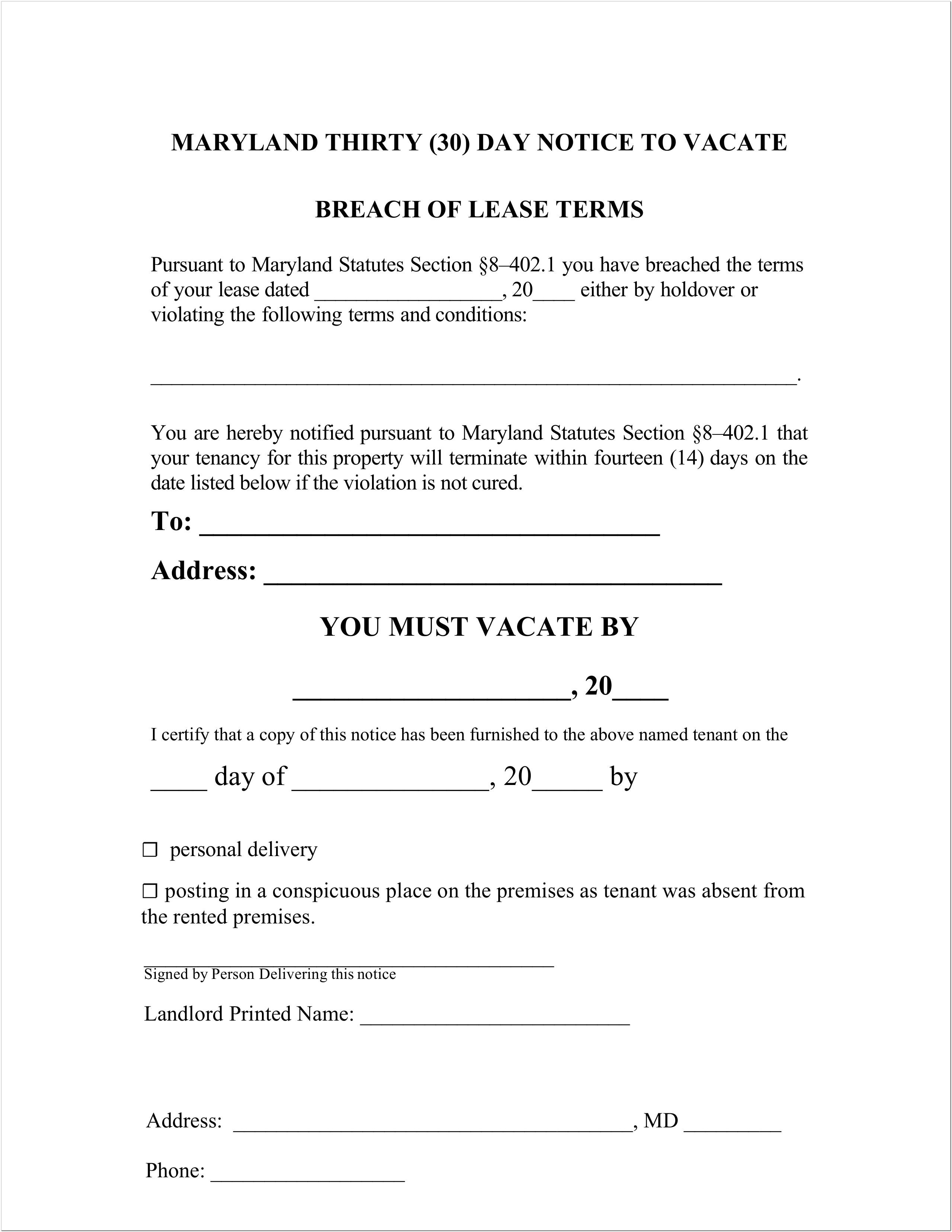 30 Day Eviction Notice Form Maryland