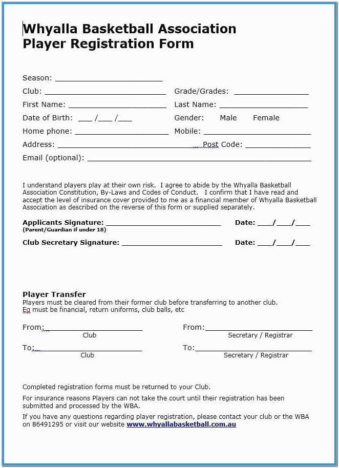 Aau Basketball Registration Form Template