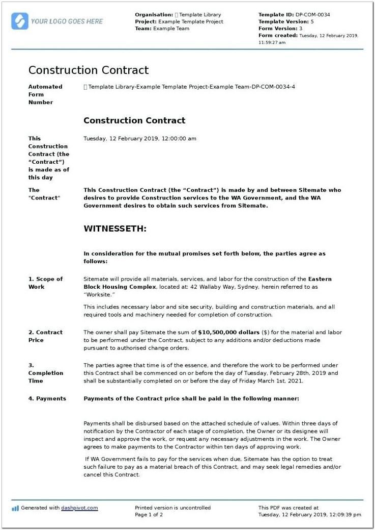 Addendum To Construction Contract Template Word
