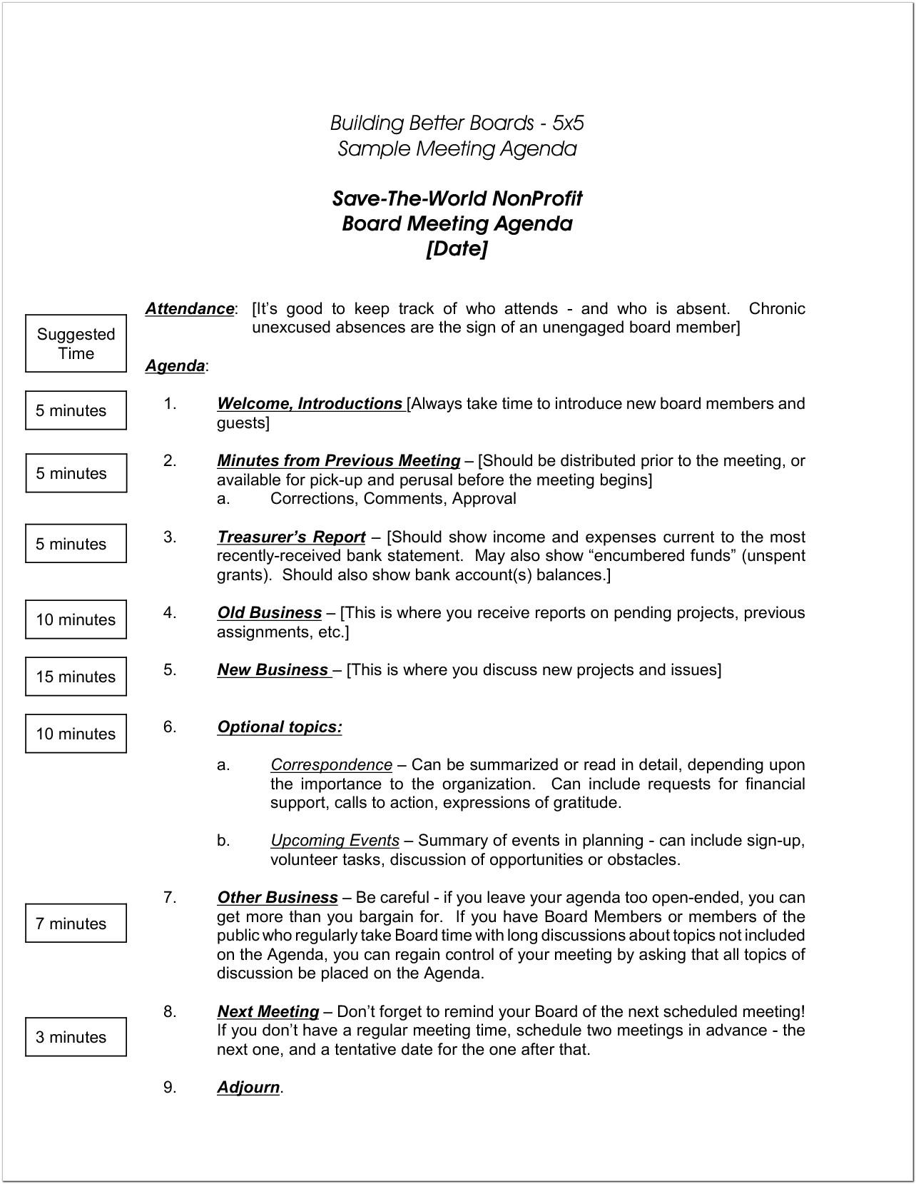 Agenda For Board Meeting Template