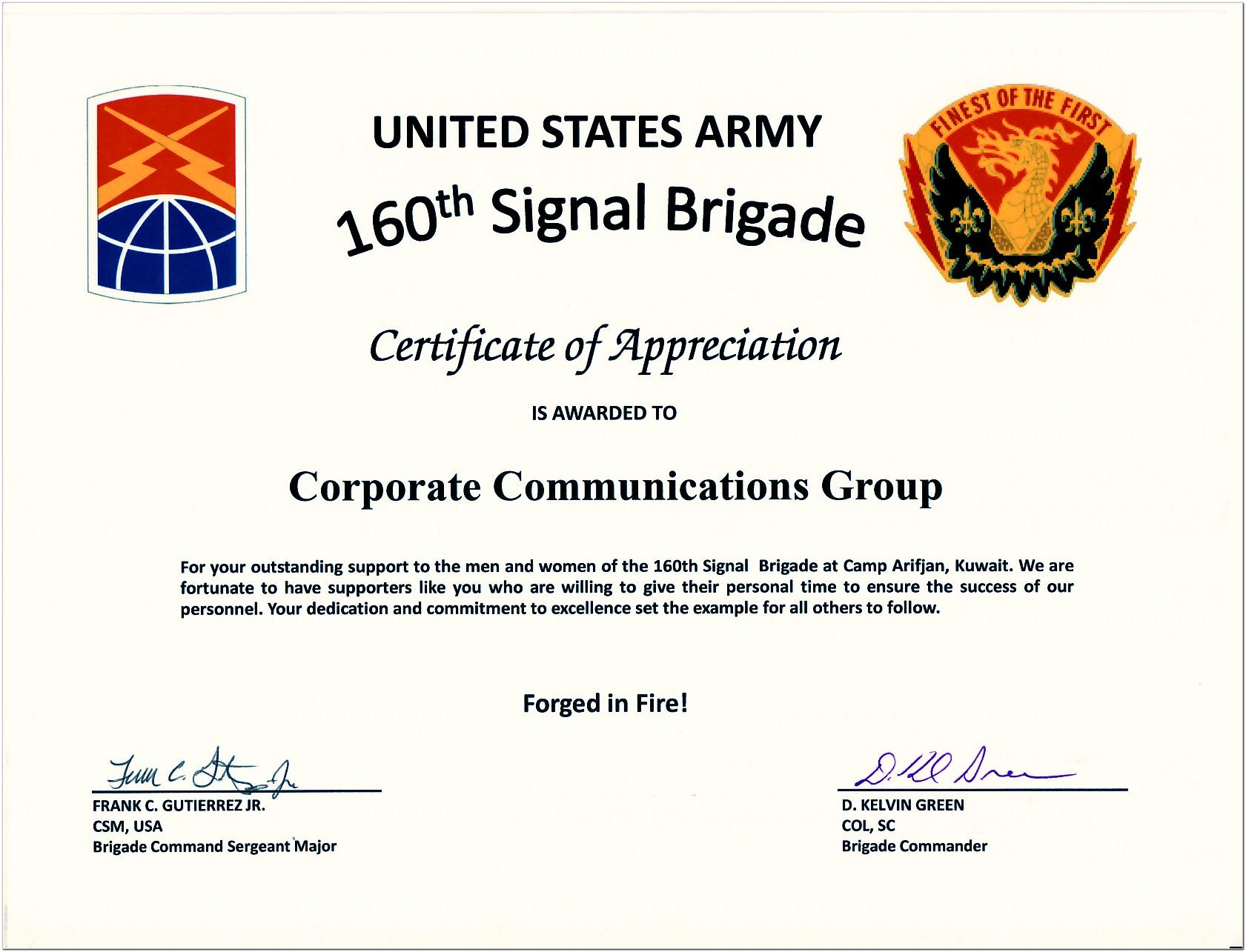 Army Certificate Of Appreciation Template