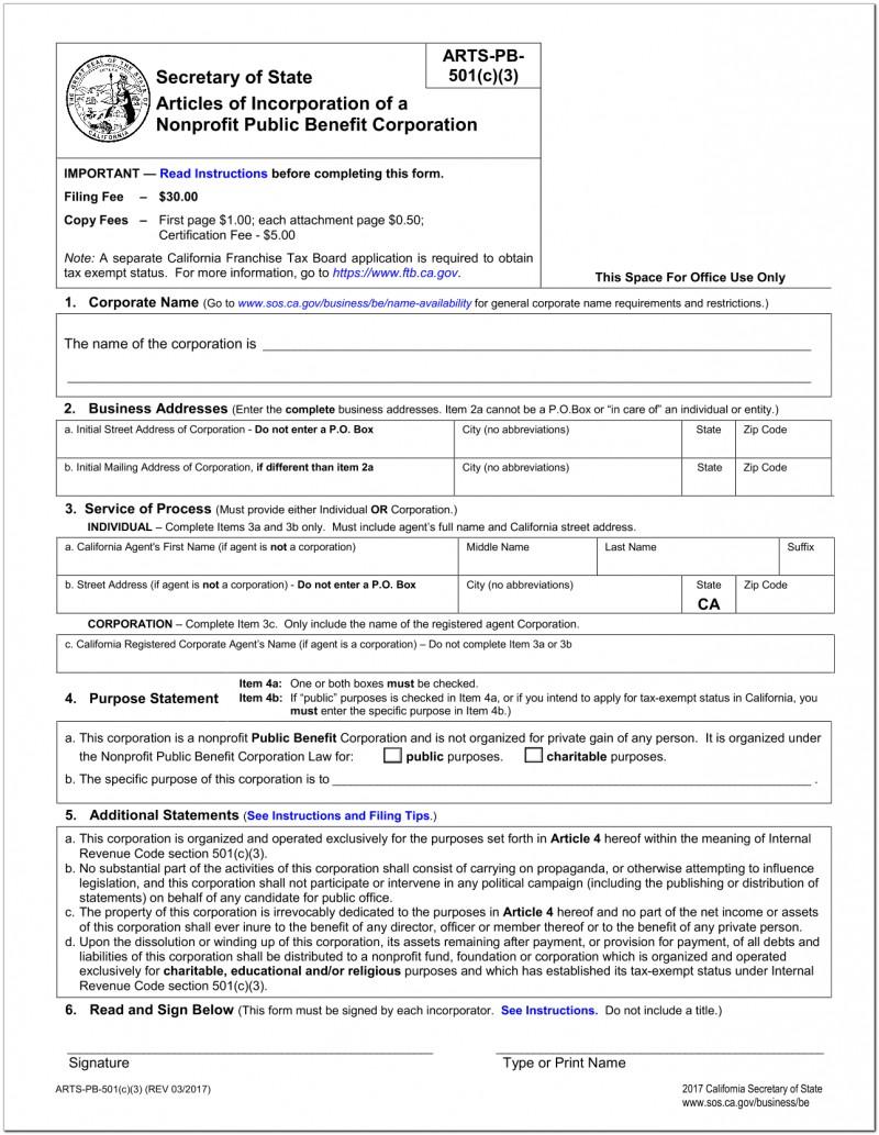 Article Of Incorporation Form For Nonprofit