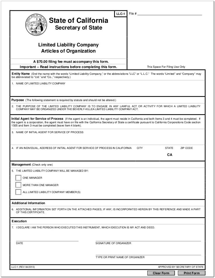 Articles Of Organization Form Llc 1 California