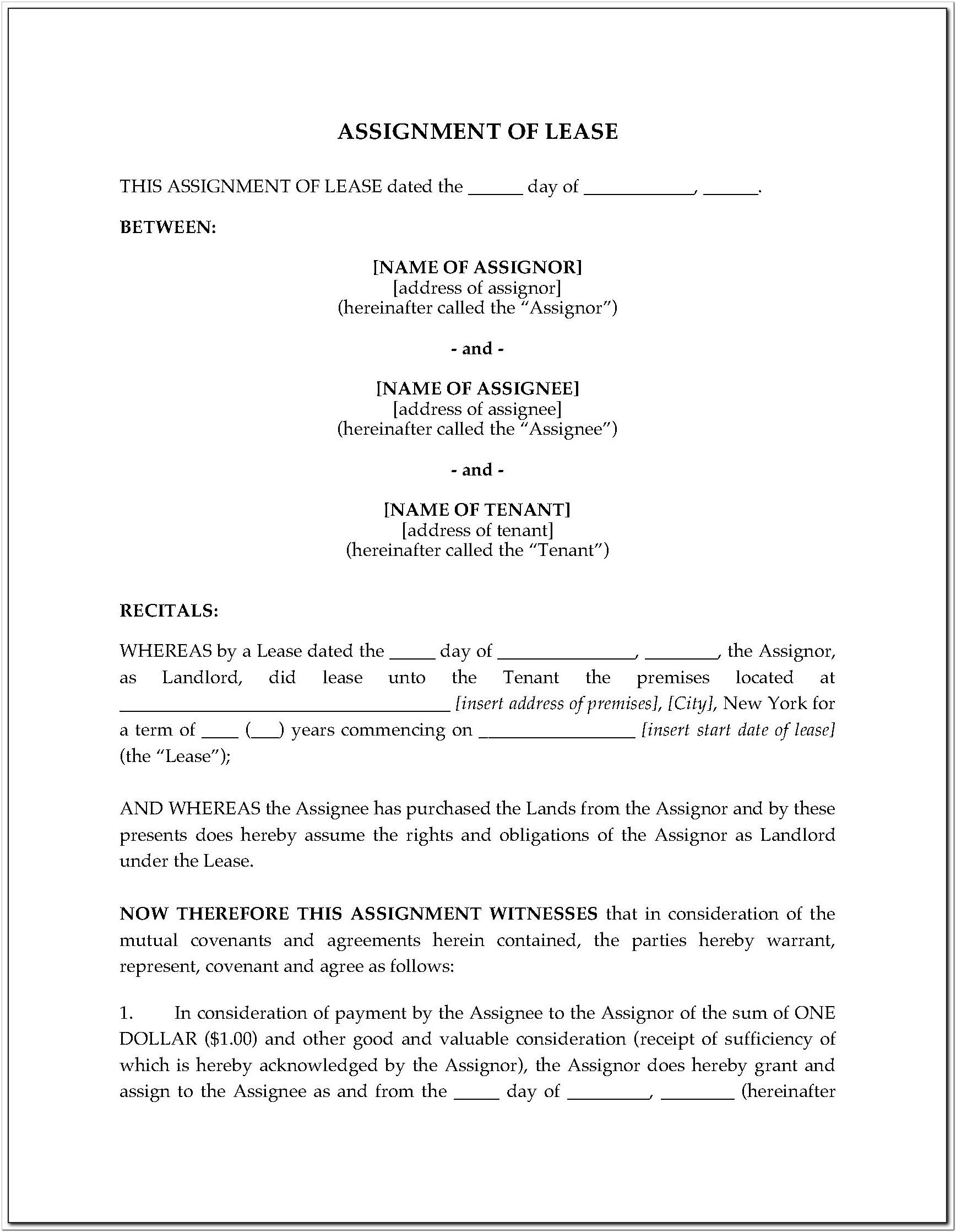 Assignment Of Lease Form