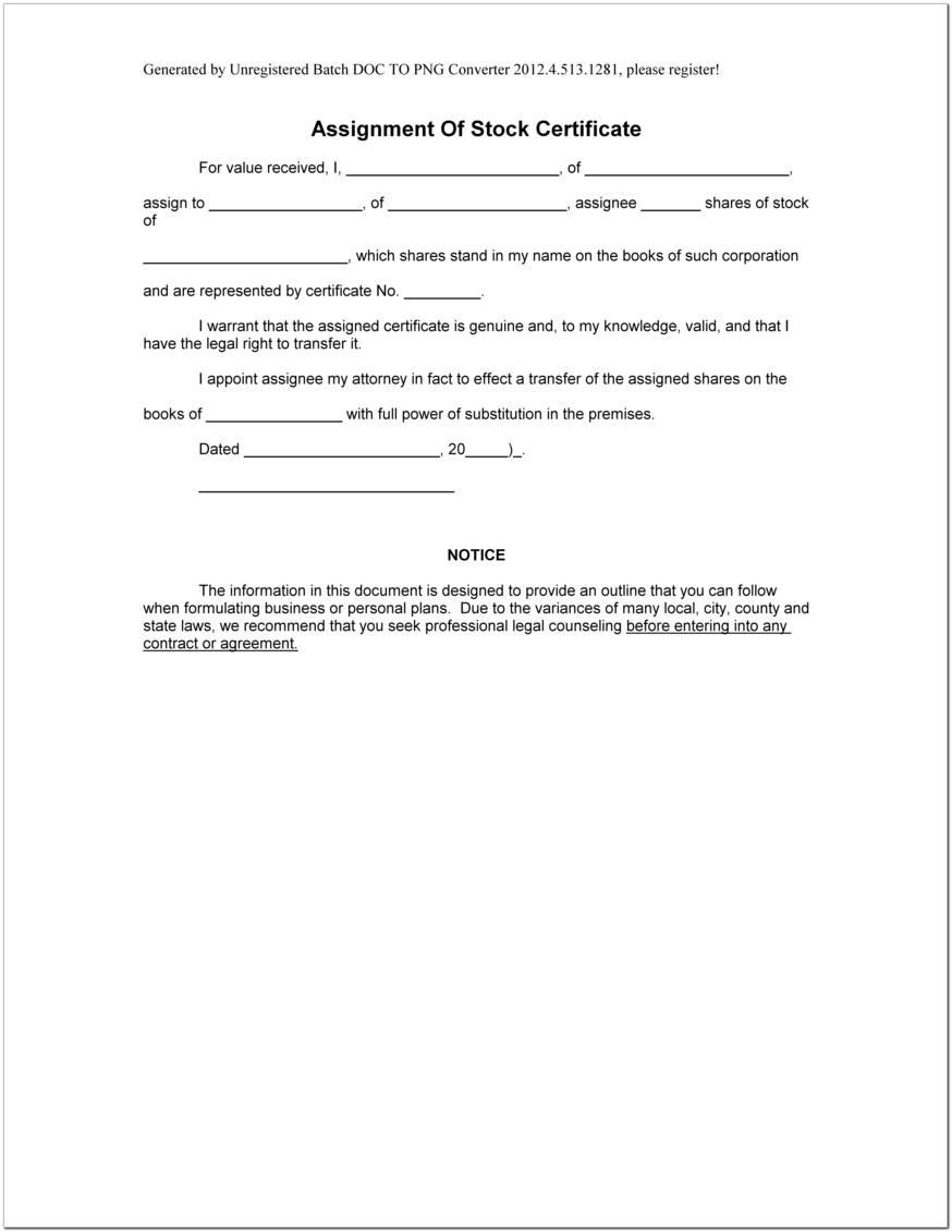 Assignment Of Stock Certificate Form