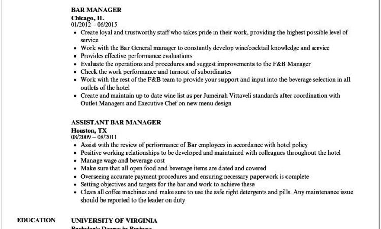 Assistant Bar Manager Cv Template