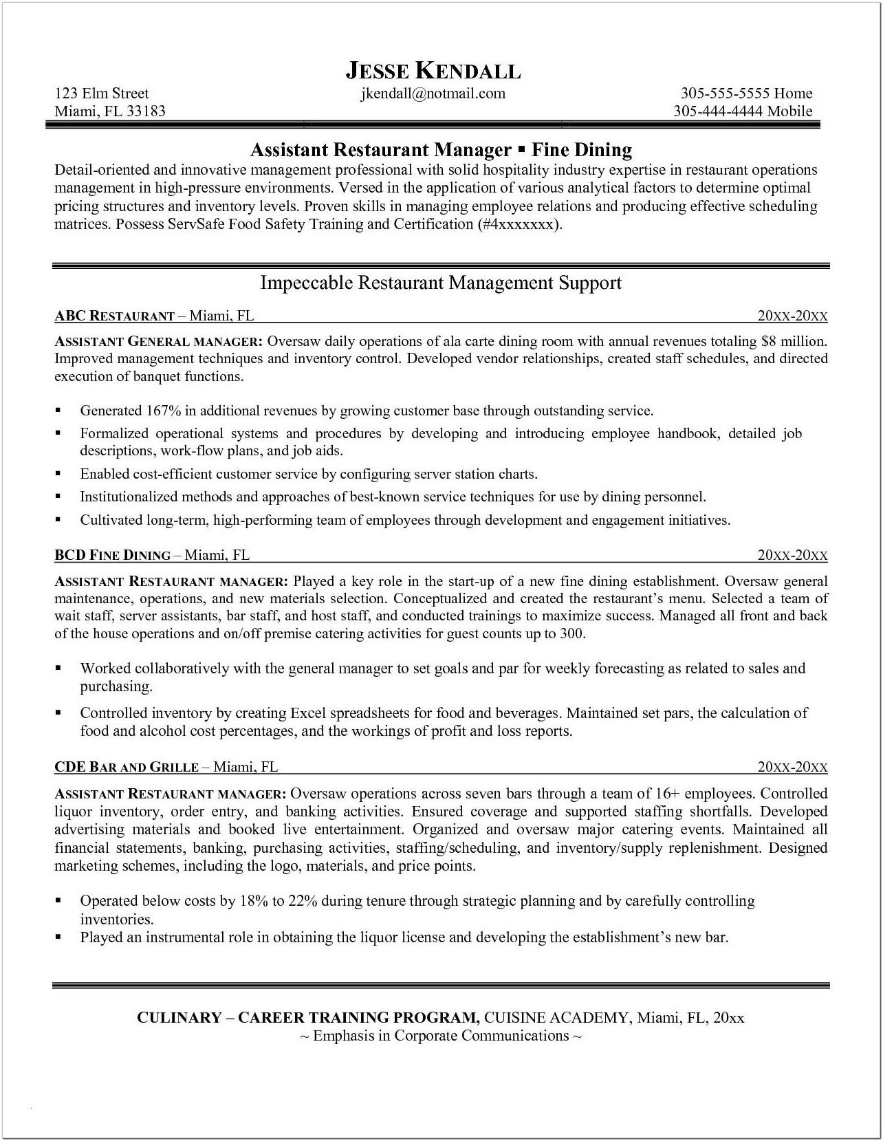 Assistant General Manager Resume Example
