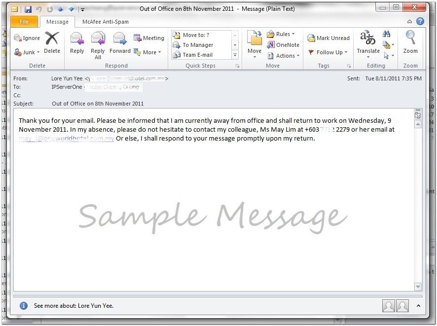 Auto Reply Email Outlook Sample