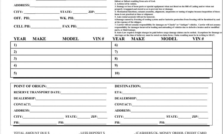 Auto Transport Bill Of Lading Form Pdf