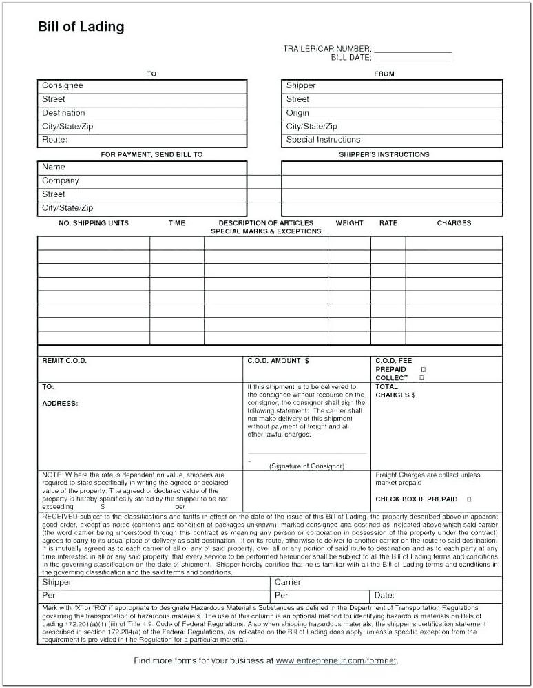 Auto Transport Bill Of Lading Template