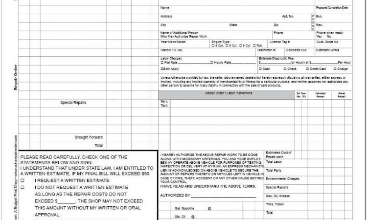 Automotive Repair Order Template