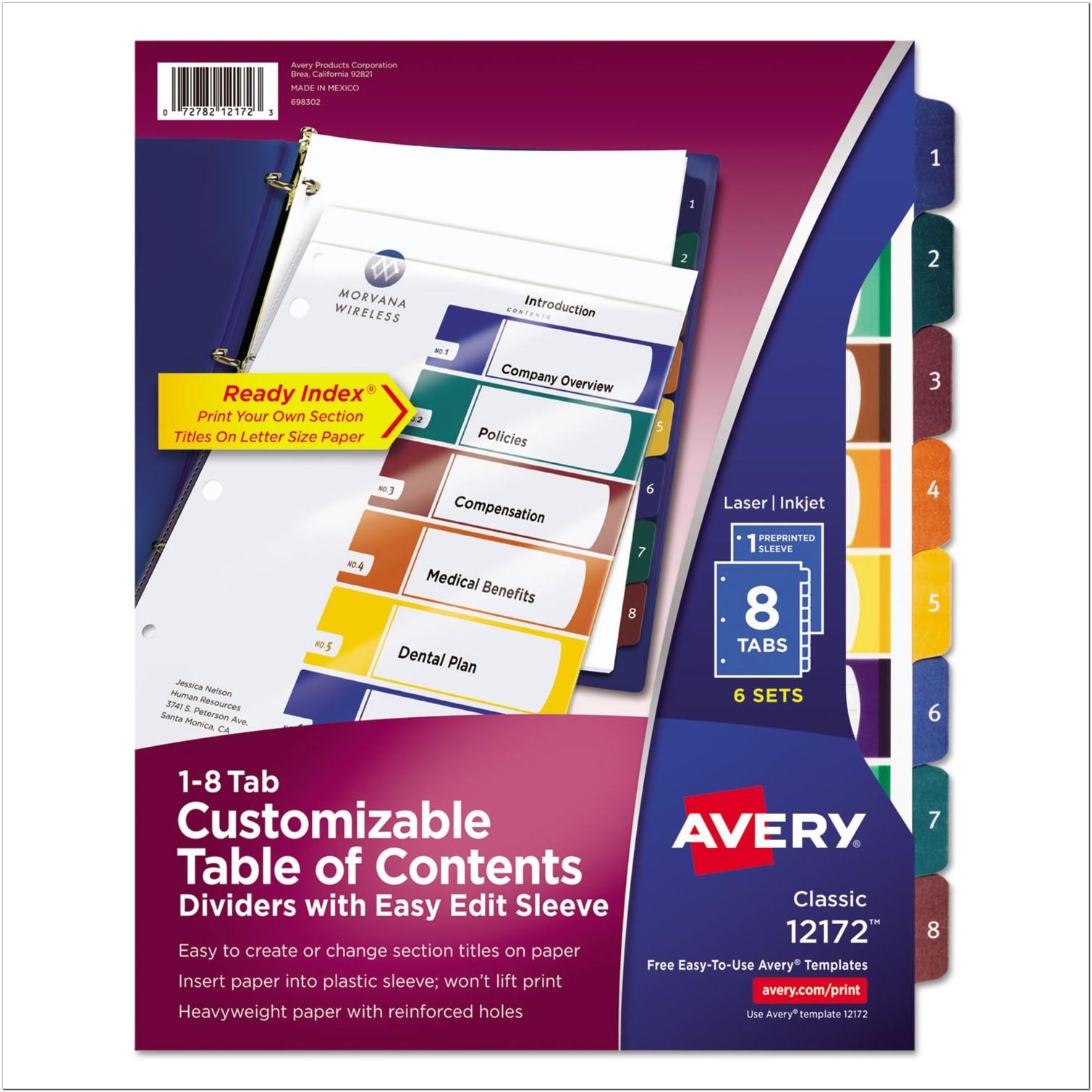 Avery 8 Tab Table Of Contents Template