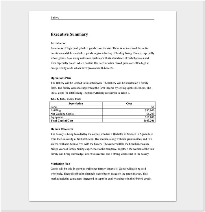 Bakery Business Plan Template Word