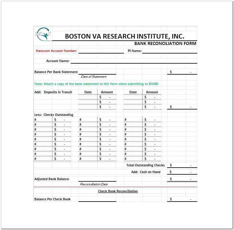 Bank Reconciliation Form Word Template