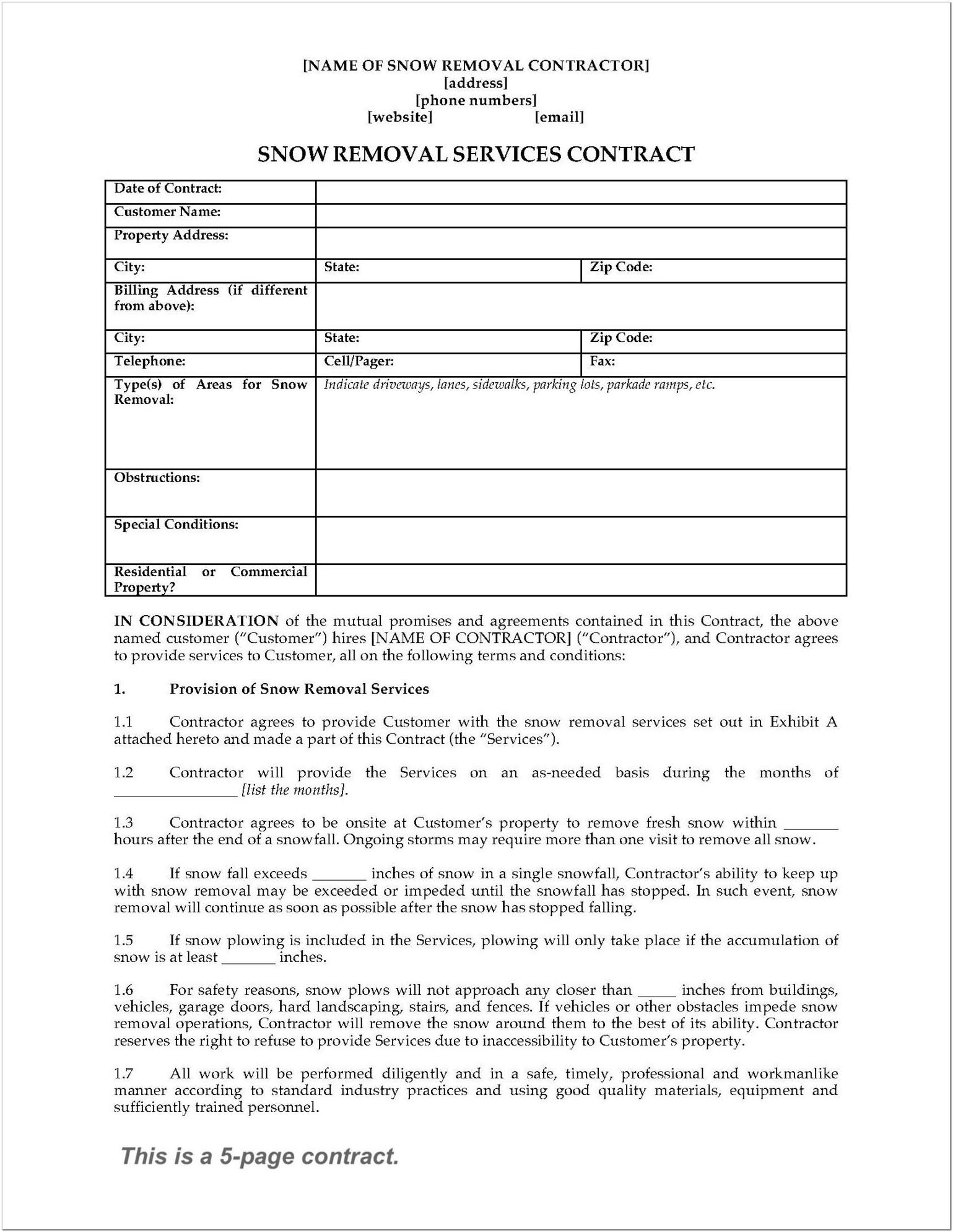 Basic Snow Removal Contract Form