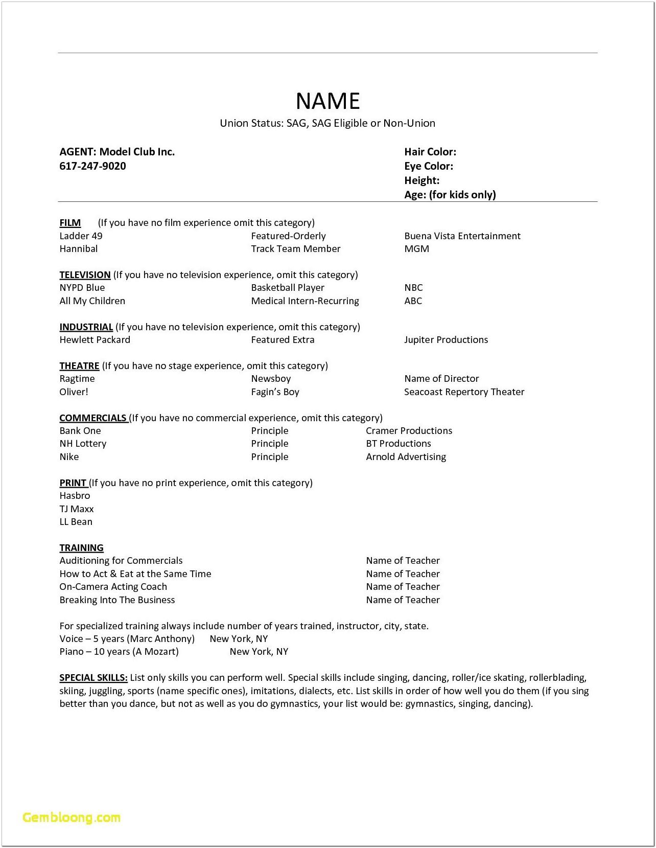 Beginners Acting Resume Template No Experience
