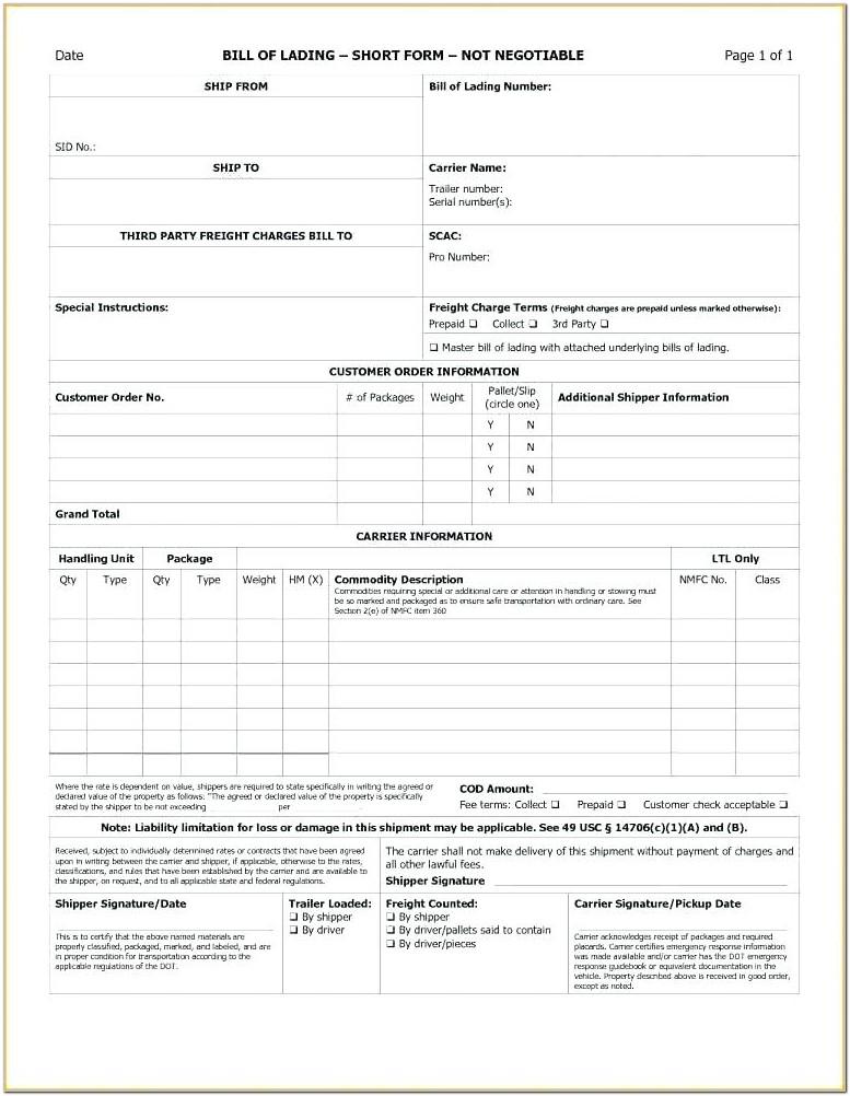 Bill Of Lading Form Free Download