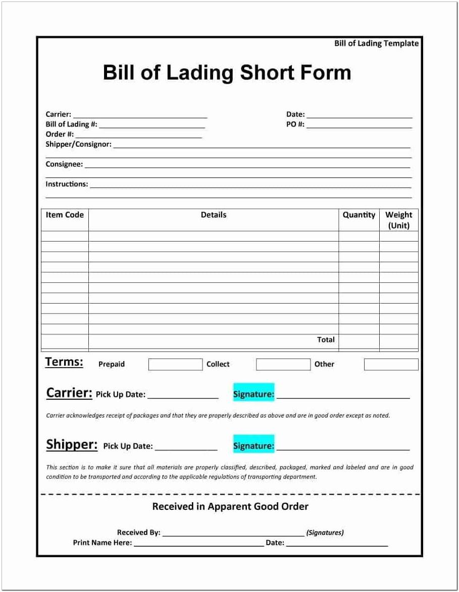 Bill Of Lading Form Pdf
