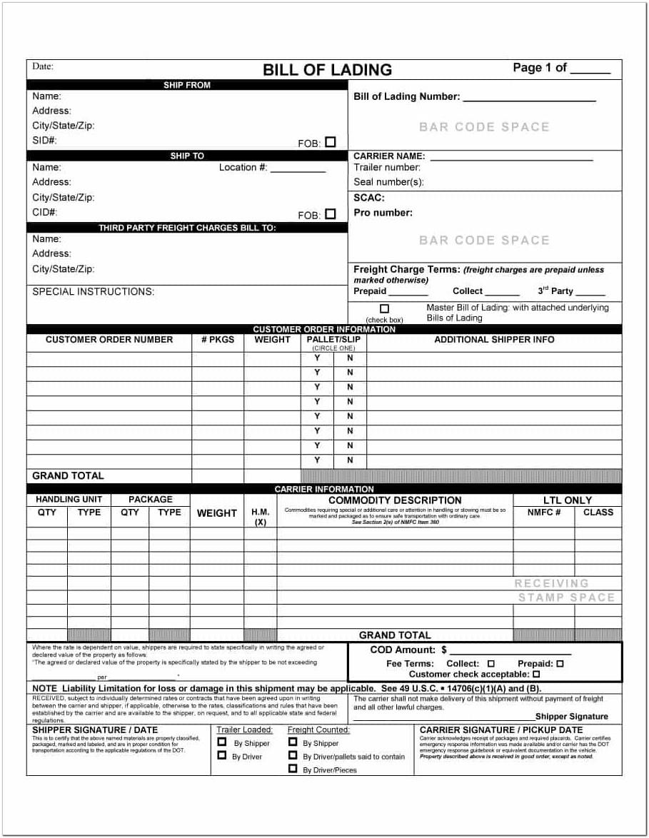 Bill Of Lading Short Form Template Word