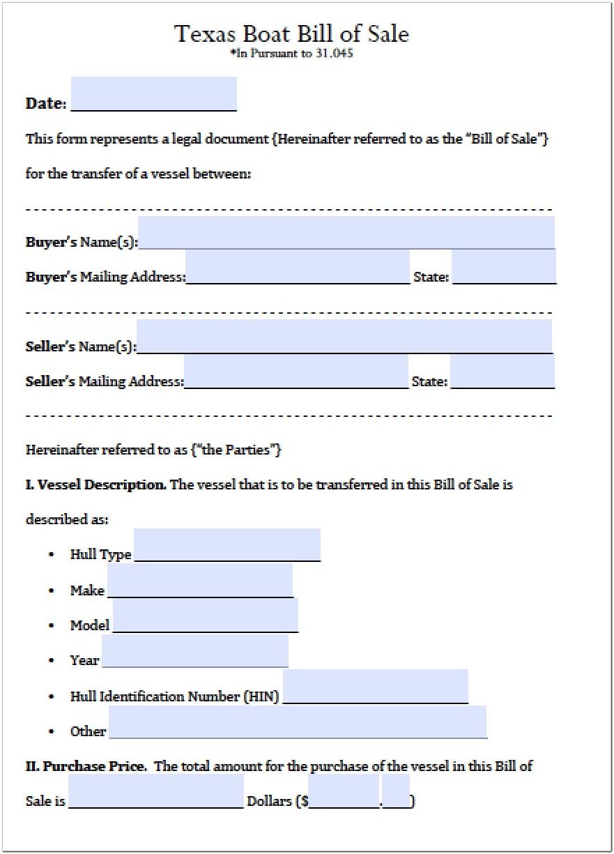 Bill Of Sale Form Boat Texas