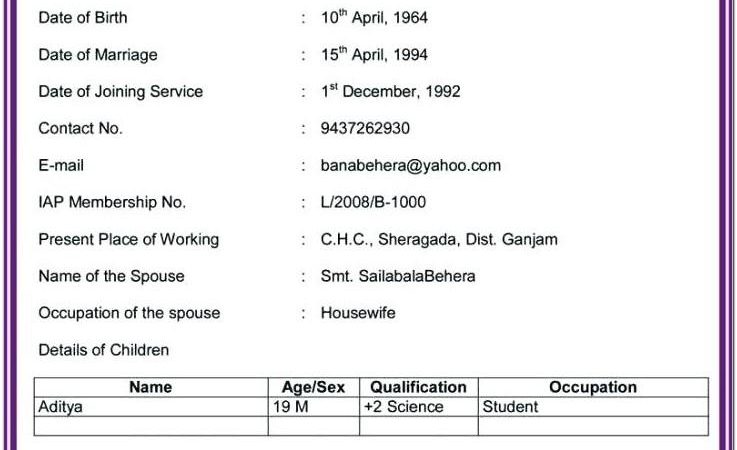 Bio Data Resume Format For Freshers