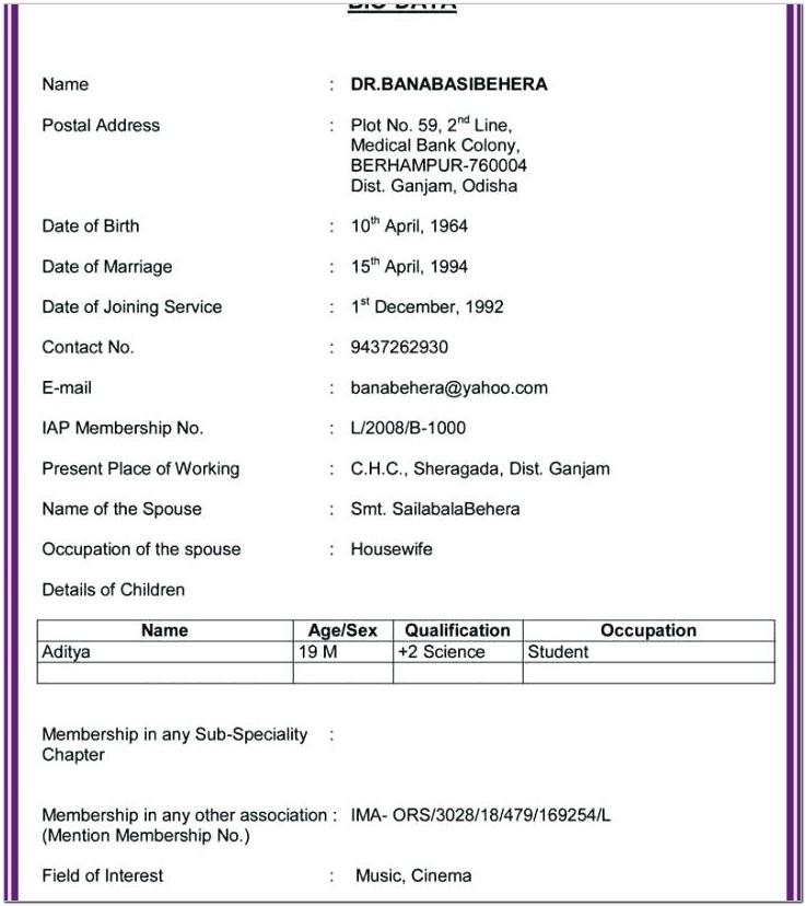 Bio Data Resume Format For Freshers