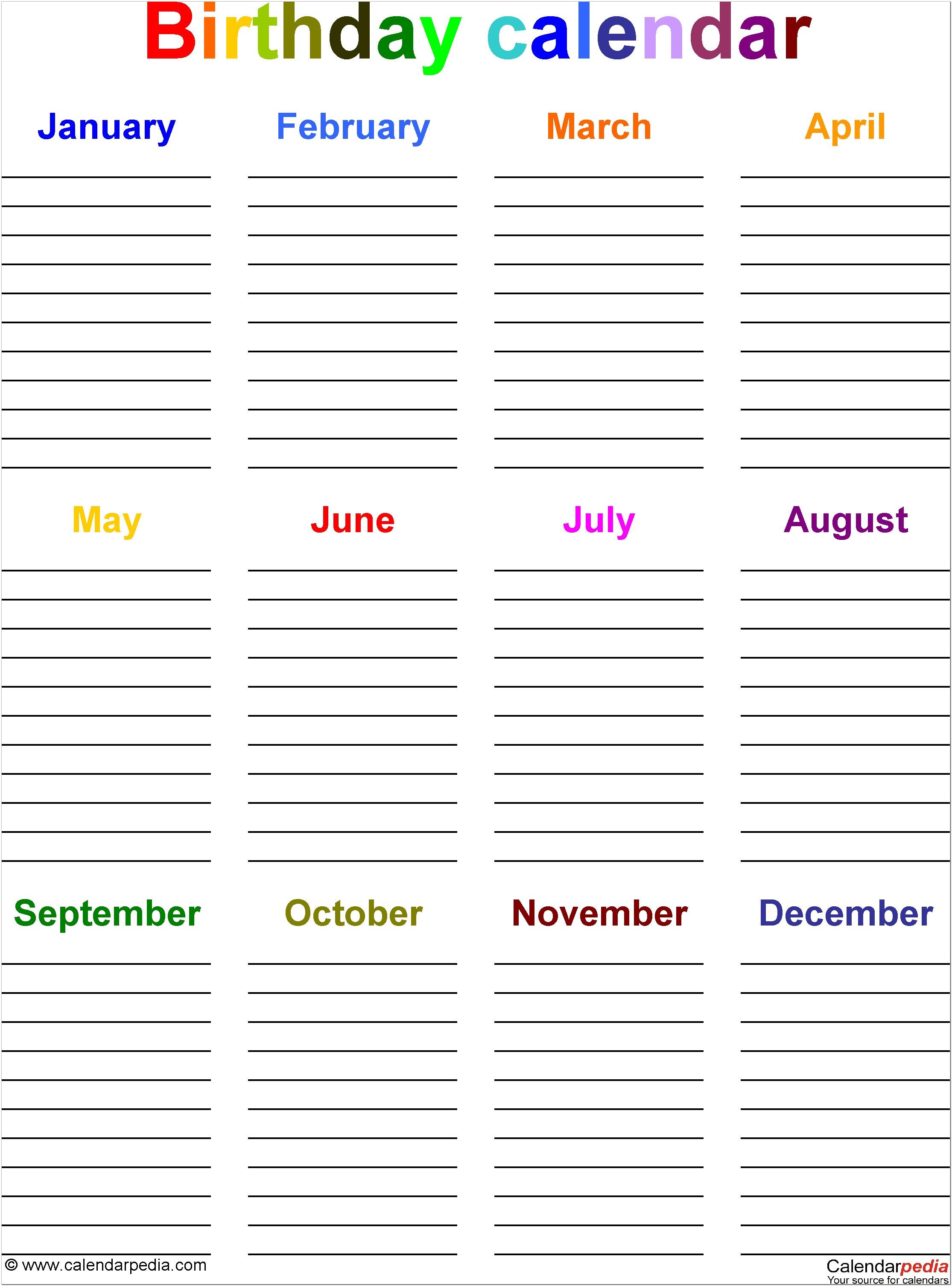 Birthday Calendars Free Printable