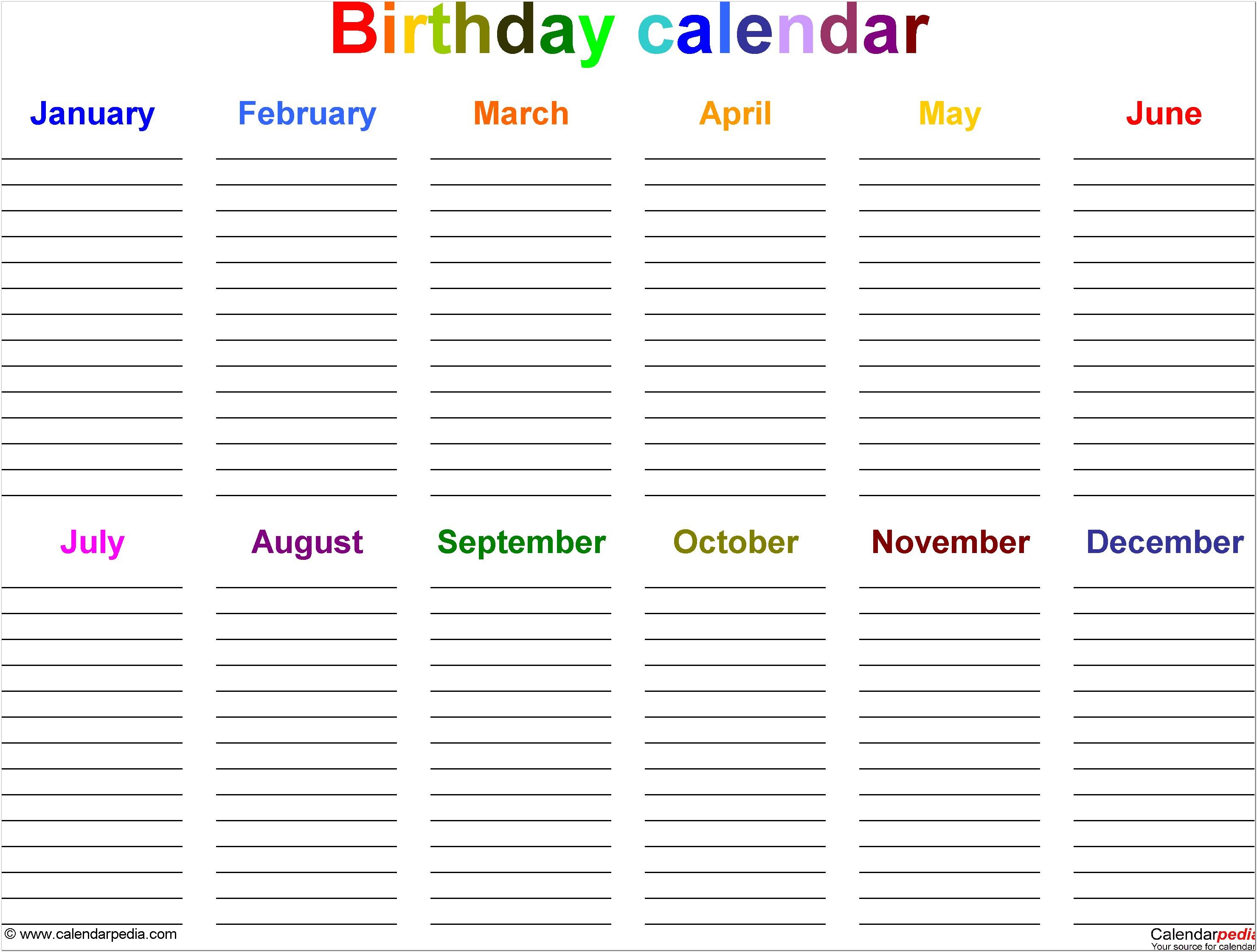 Birthday Calendars Templates Free