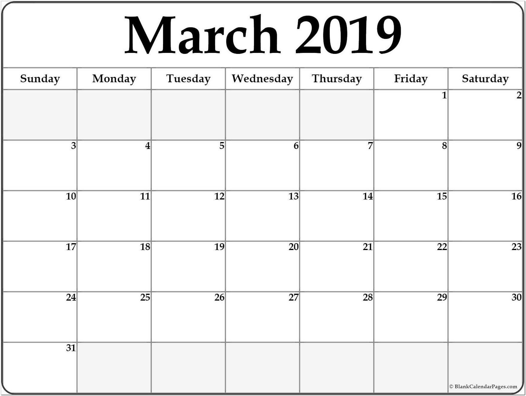 Blank Calendar Template Pdf 2019