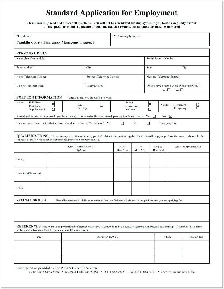 Blank Employment Application Form Template