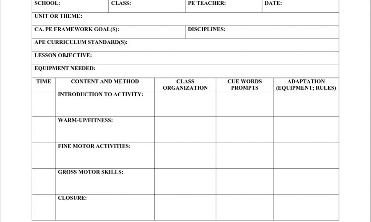 Blank Pe Lesson Plan Template Microsoft Word