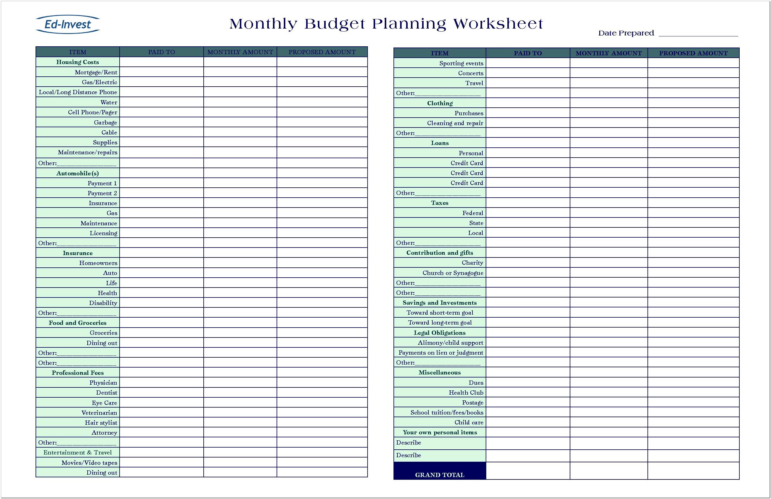 Blank Personal Budget Worksheet Printable
