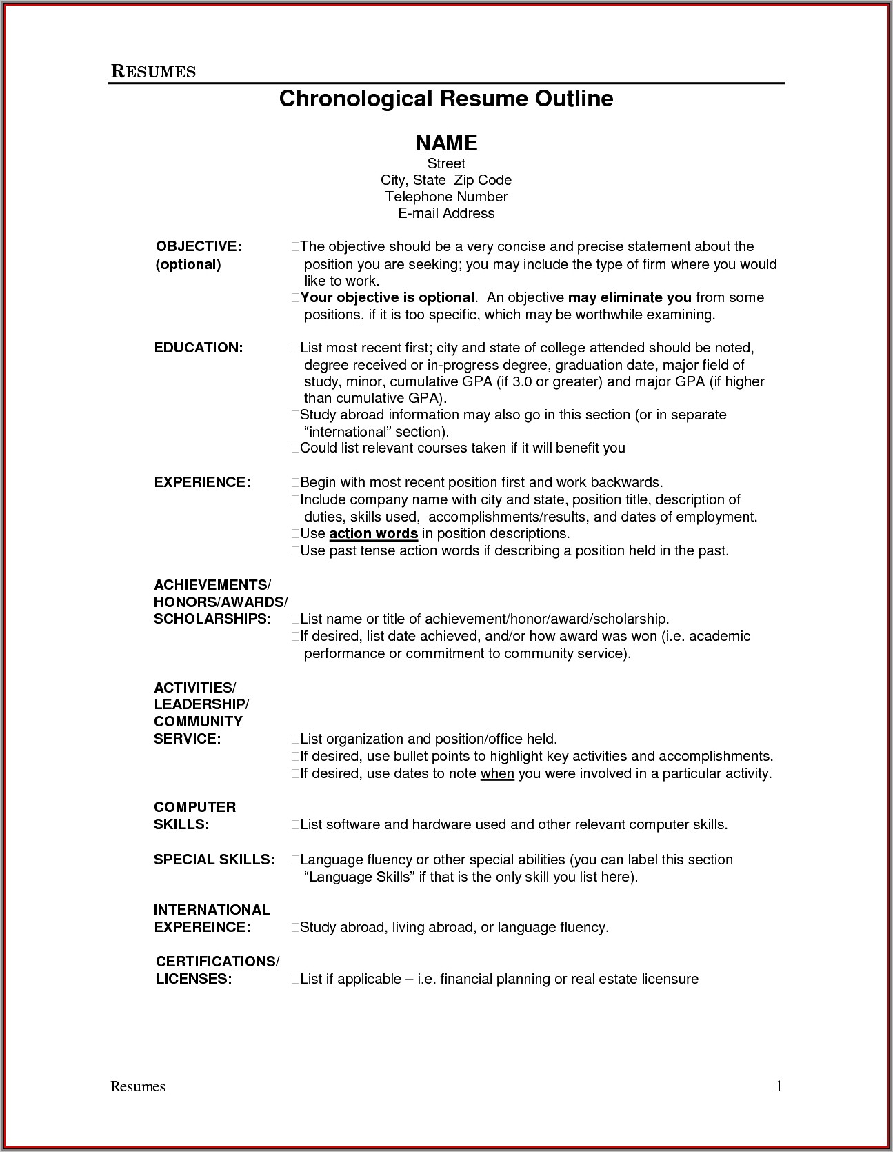 Basic Outline Of A Resume