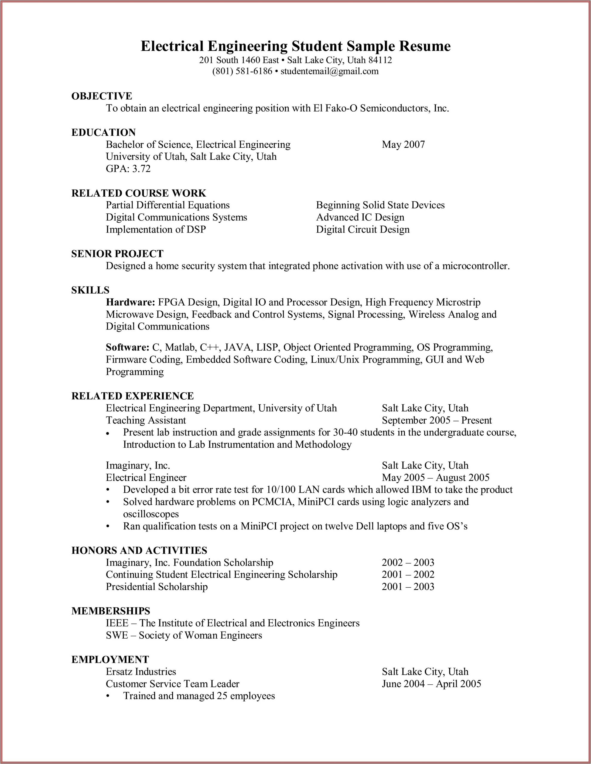 Best Resume Samples For Electrical Engineers Freshers