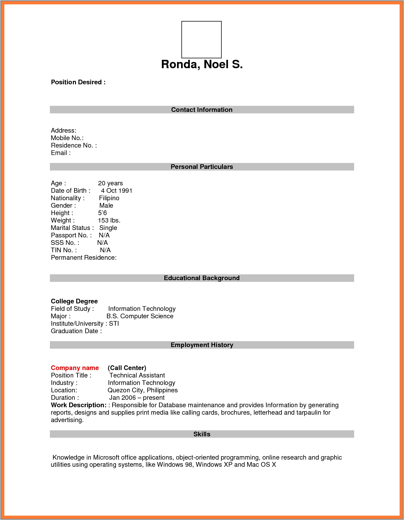 Blank Resume Format Pdf