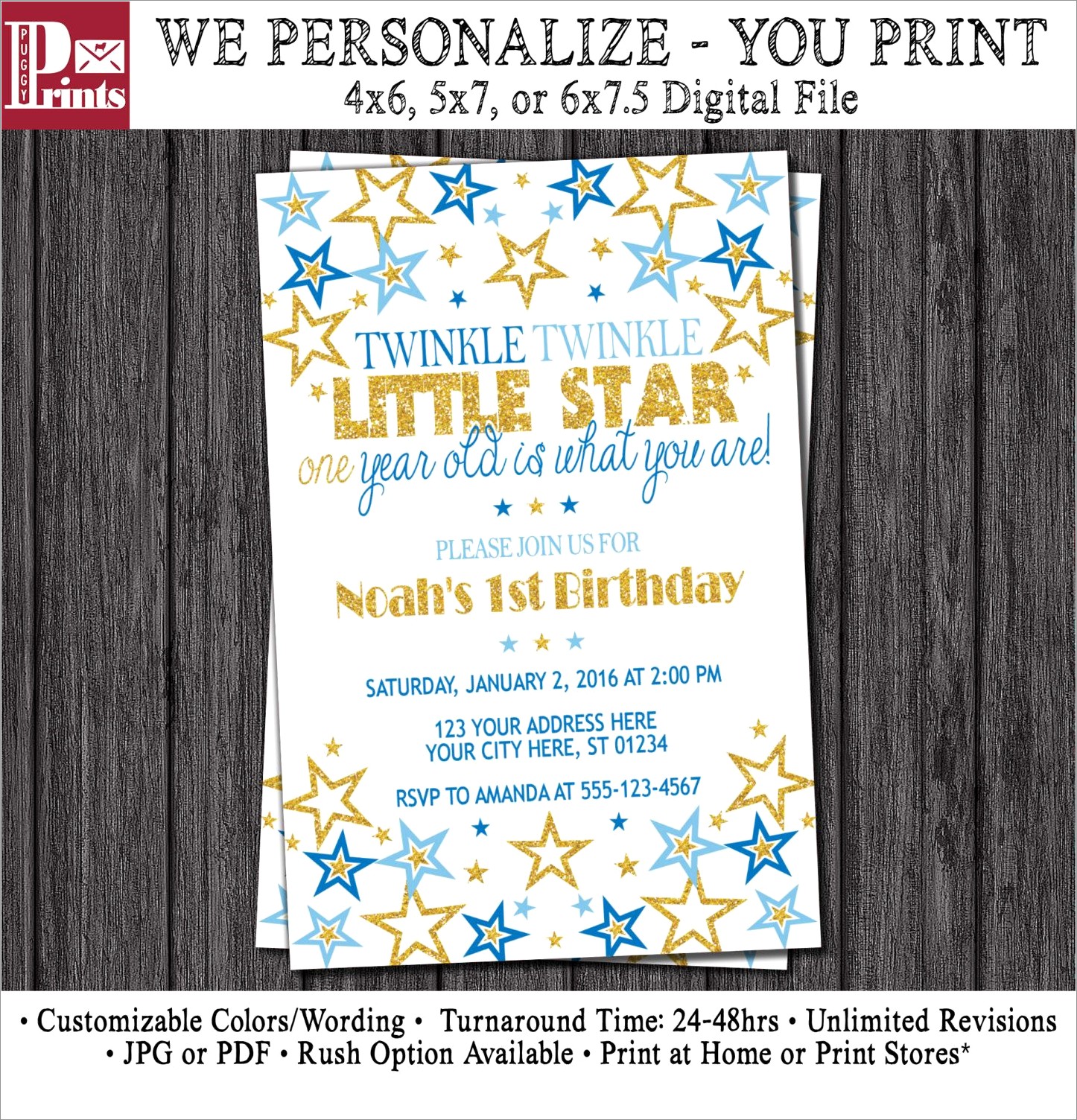 Blue And Gold Birthday Invitations