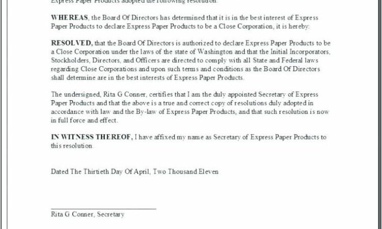 Board Of Director Resolution Format