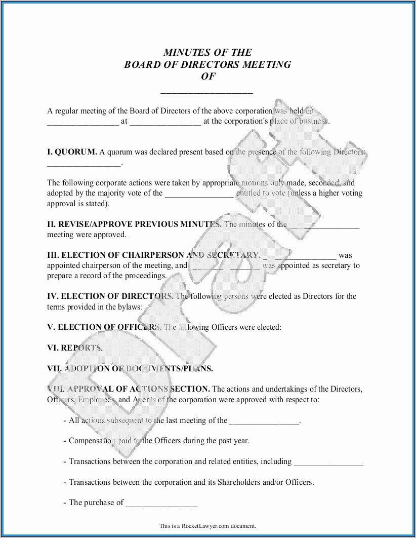 Board Of Directors Meeting Minutes Template Free