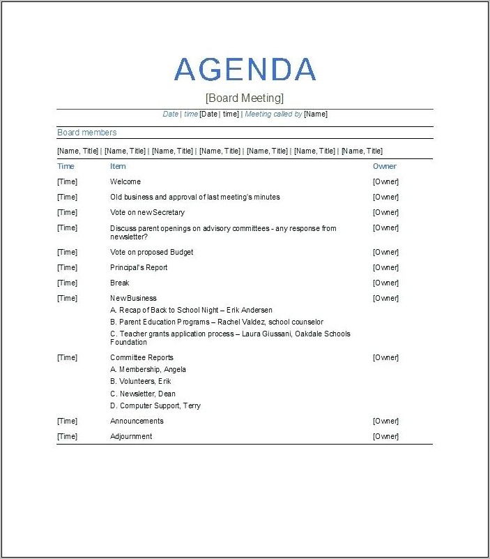 Board Of Trustees Meeting Agenda Template