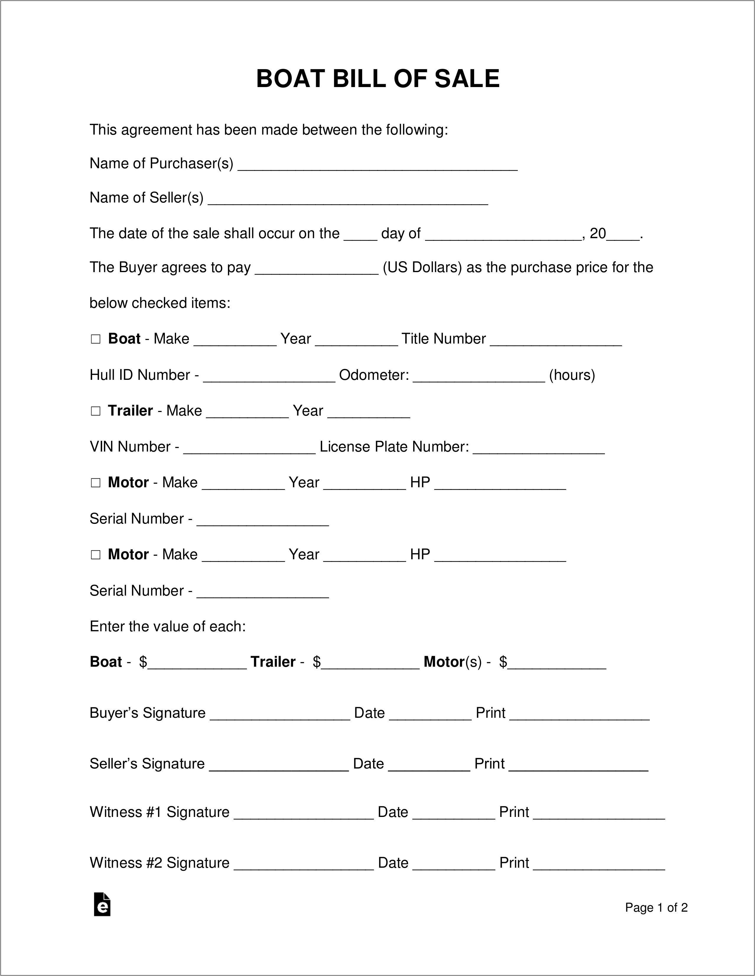 Boat Bill Of Sale Form Free