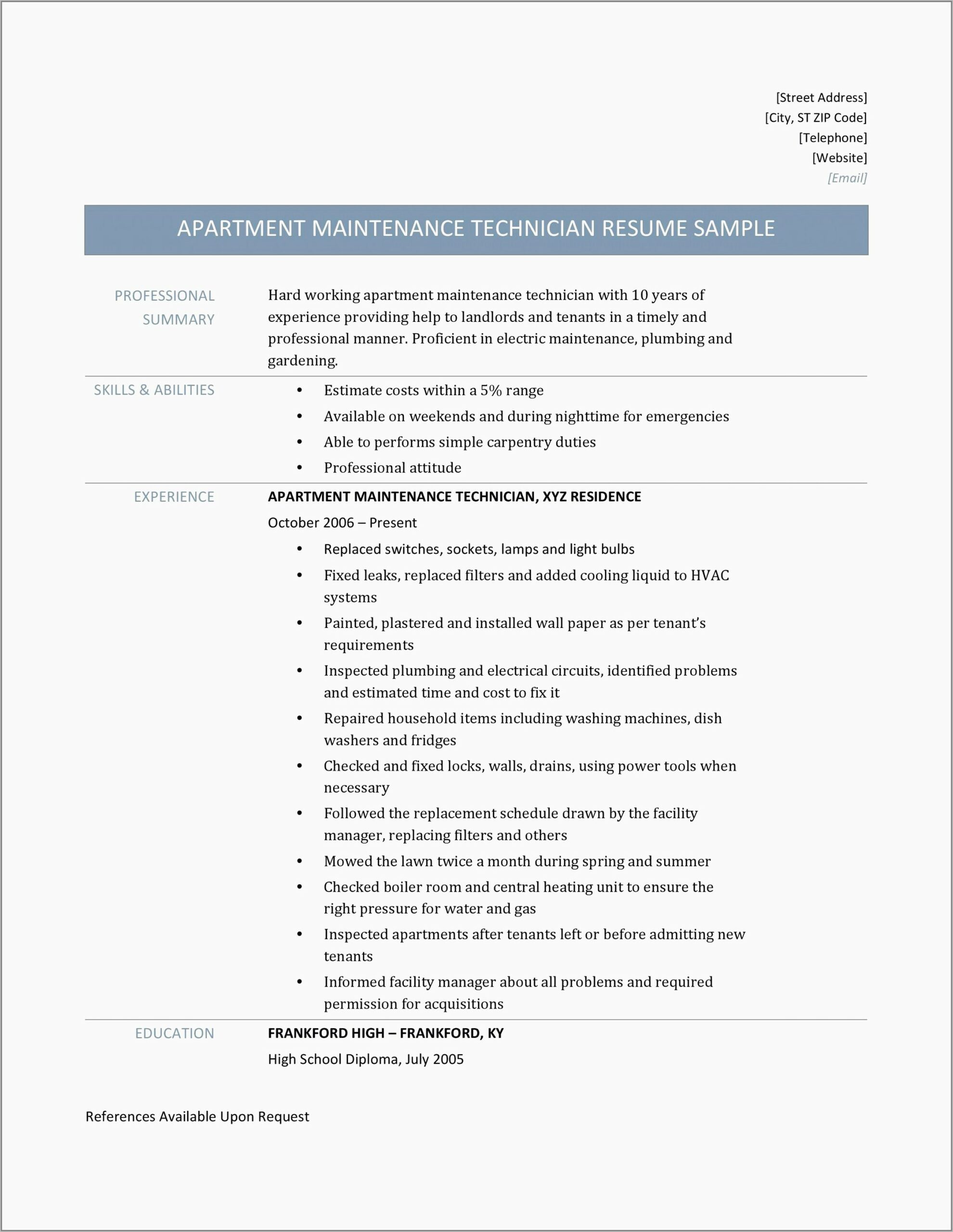 Building Maintenance Technician Resume