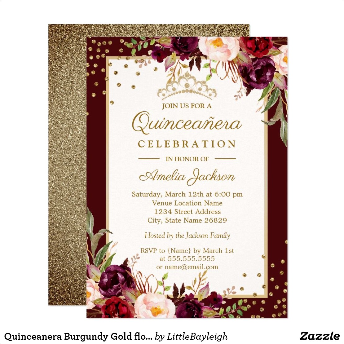 Burgundy And Gold Quinceanera Invitations