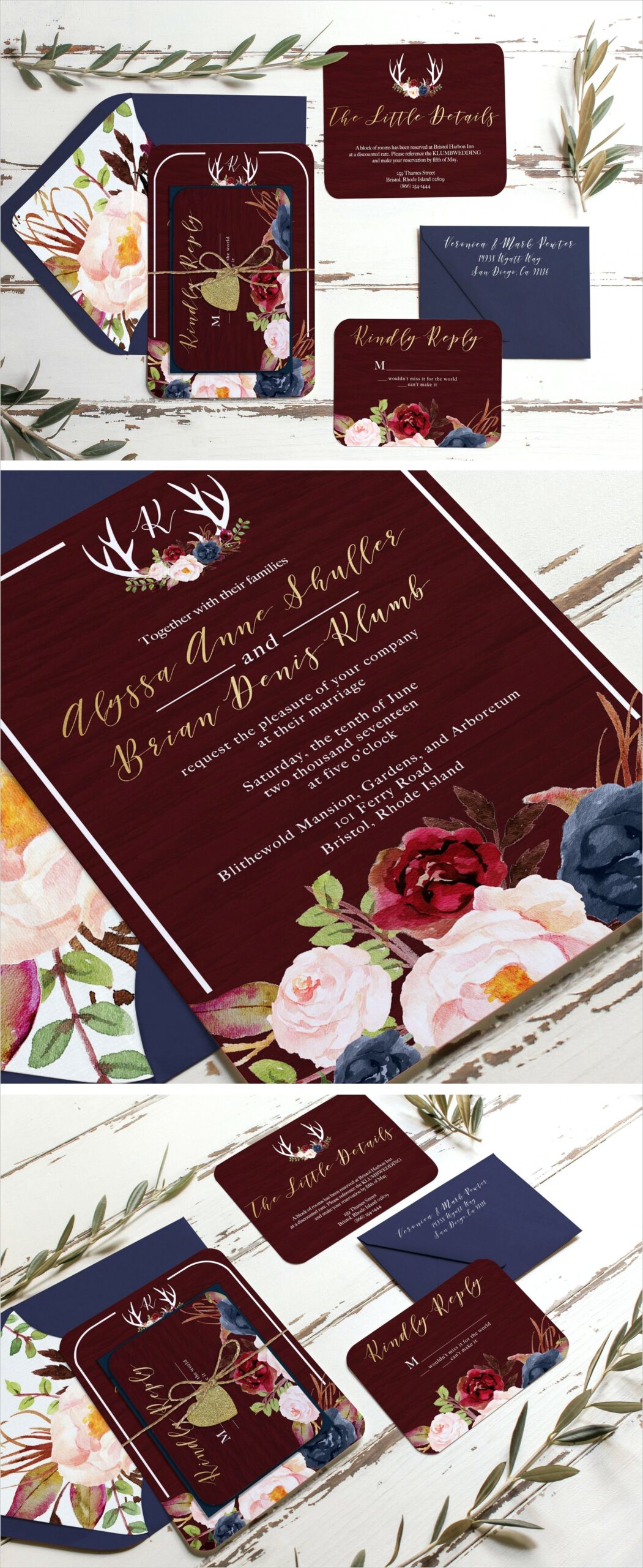 Burgundy And Navy Wedding Invitations