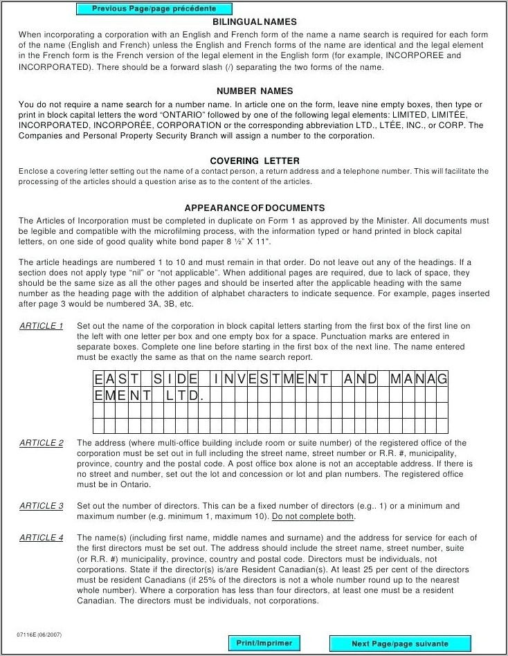 Business Articles Of Incorporation Template
