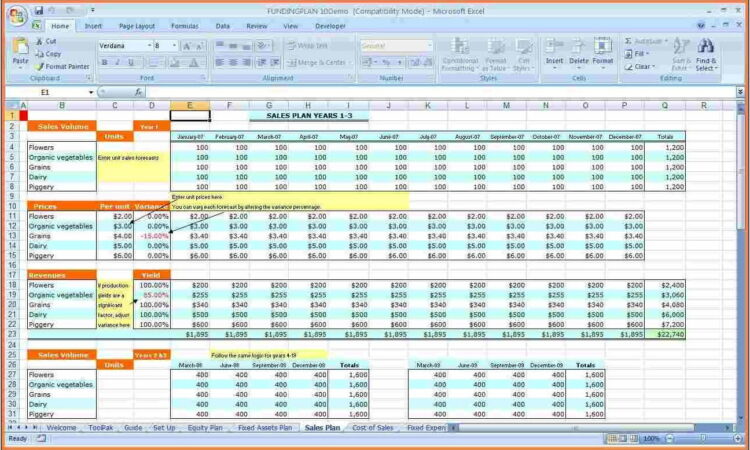 Business Plan Spreadsheet Template Free