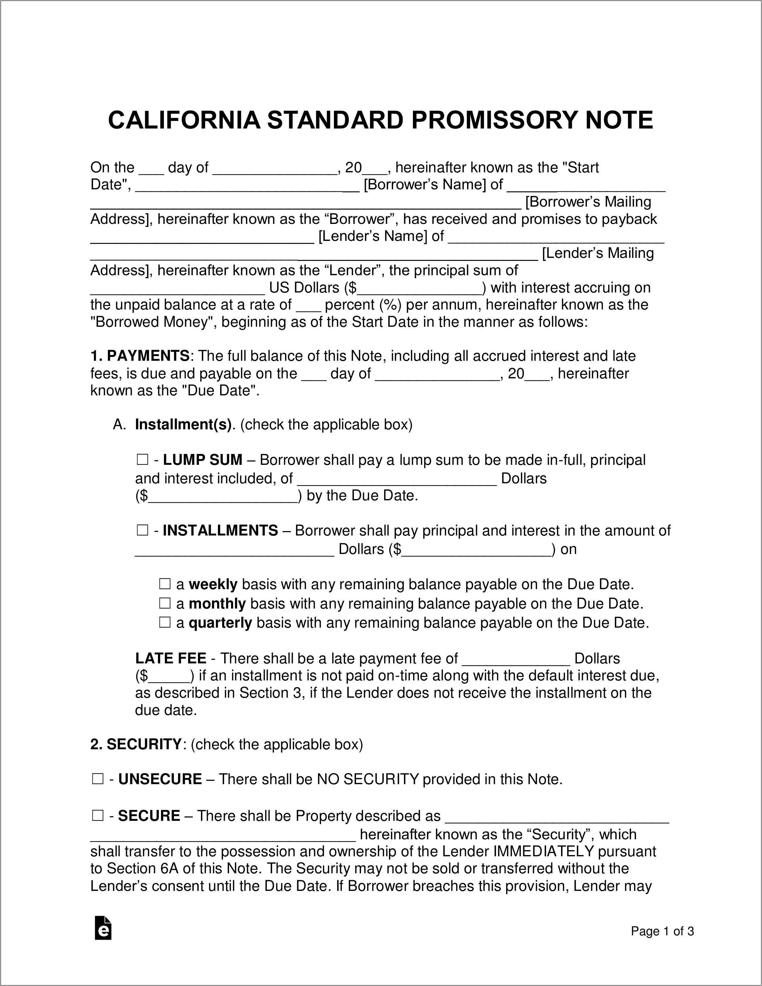 Ca Promissory Note Template Free