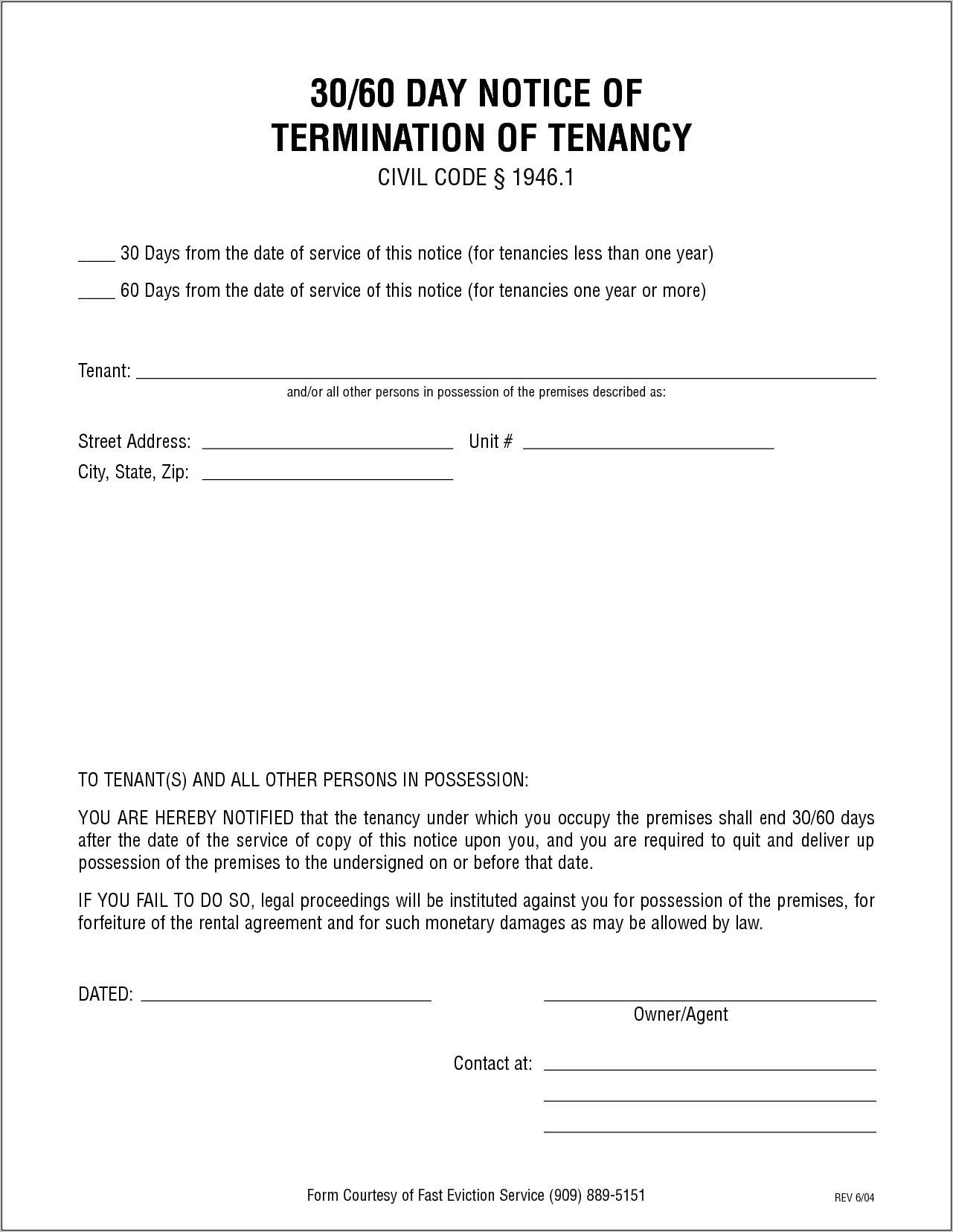 California 30 Day Eviction Notice Template
