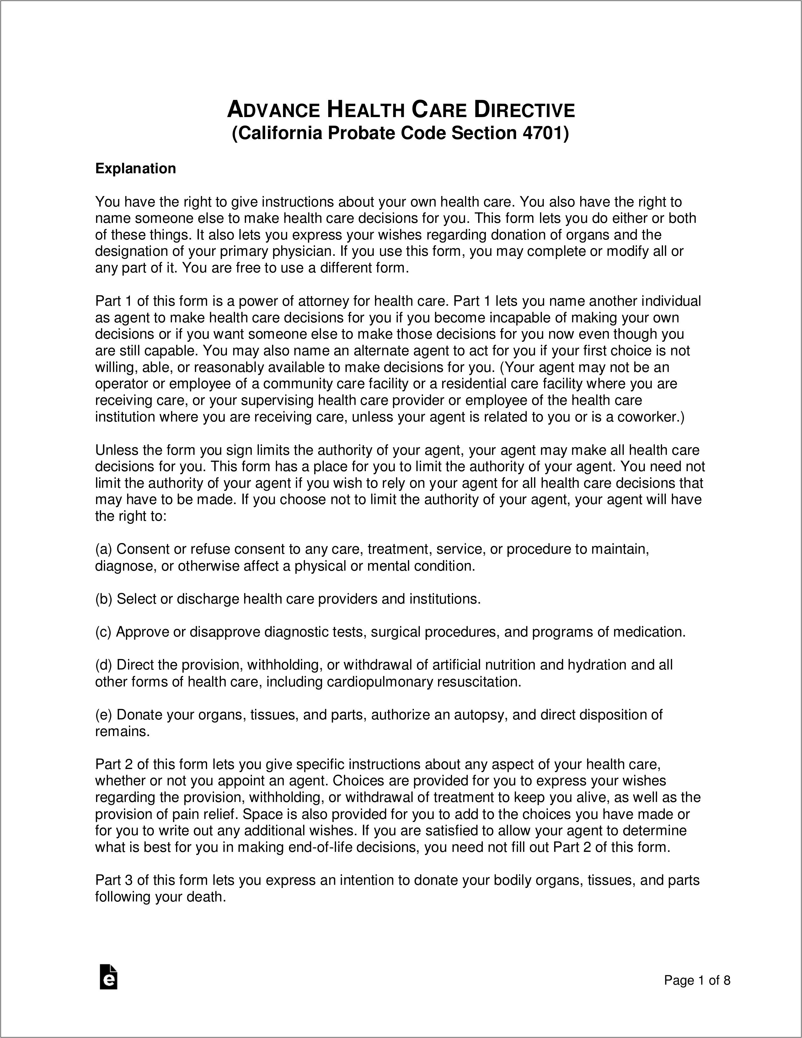 California Advance Health Care Directive Form 2019