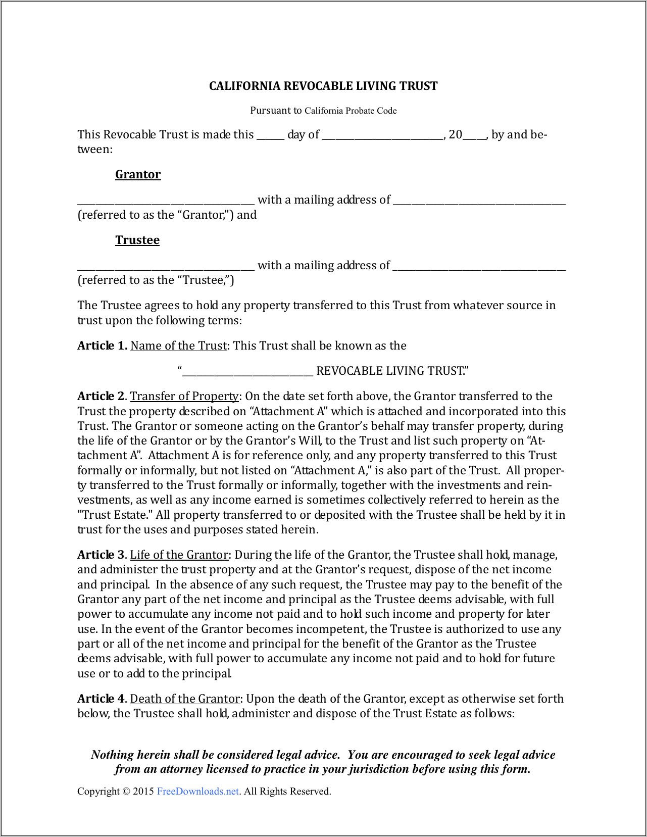 California Joint Revocable Living Trust Form