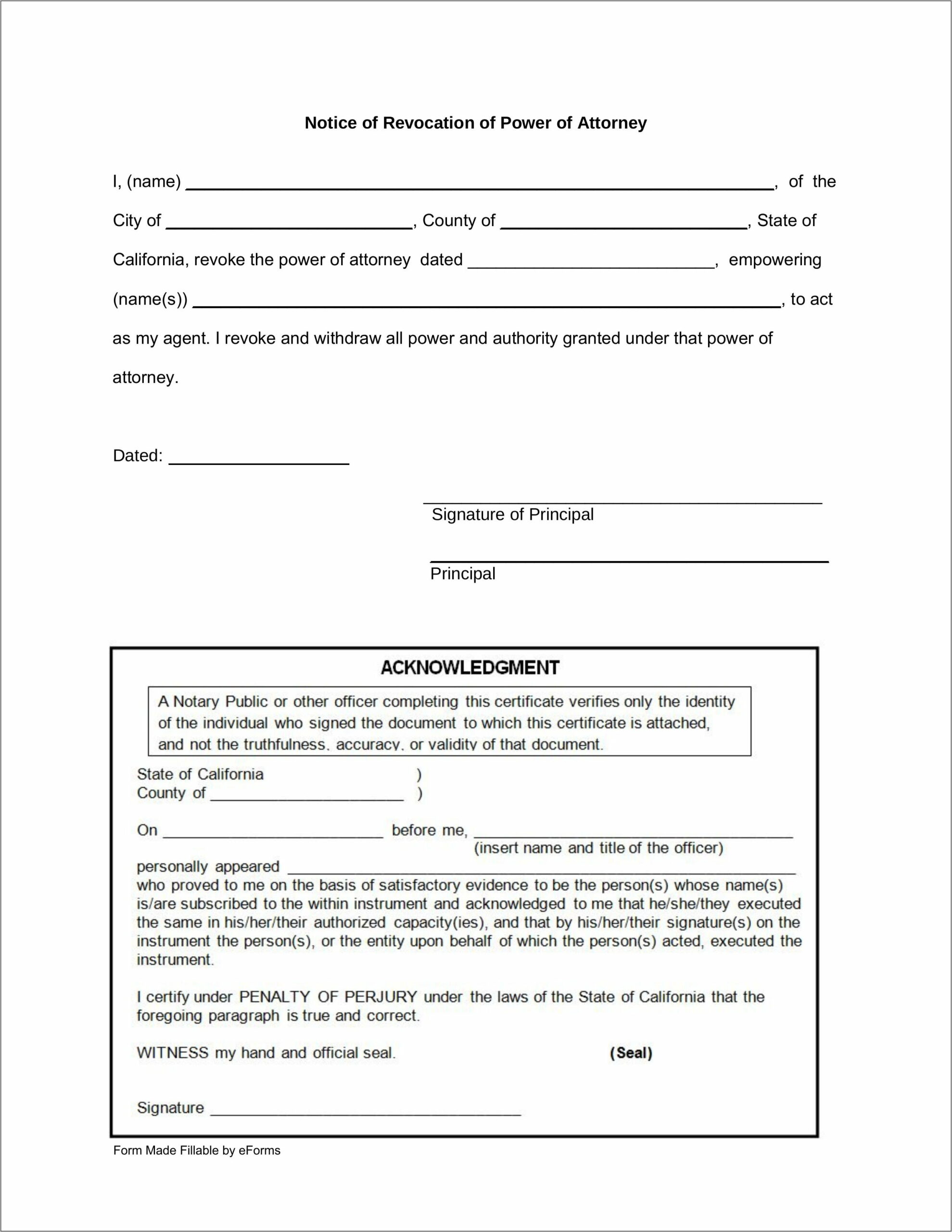 California Notary Acknowledgement Power Of Attorney Form